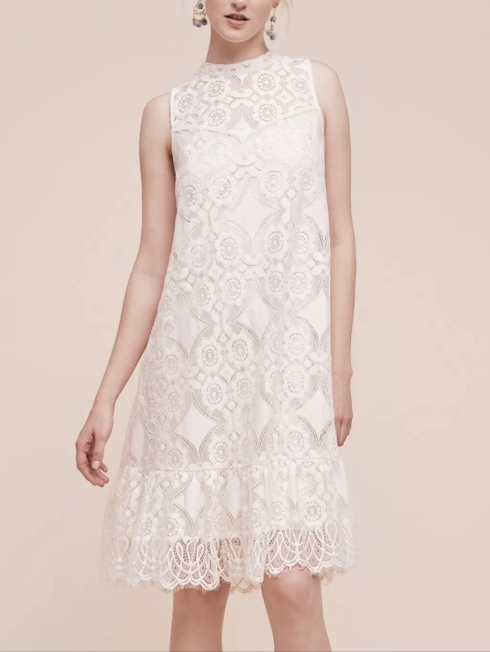 Anthropologie Floreat Manon Ivory White Lace Mock Neck Dress 4P Bridal Boho Chic